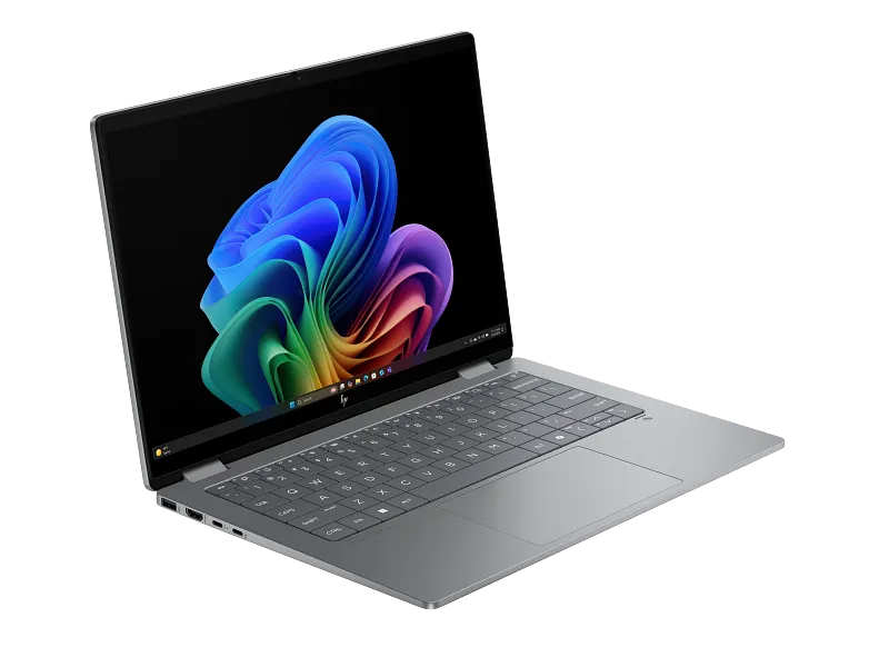 25C1_OmniBook X Flip_14_Meteor Silver_T_IR Cam_nonSD_nonFPR_Copilot Taskbar_Core Set_FrontRight_WhiteBG_3319767.webp