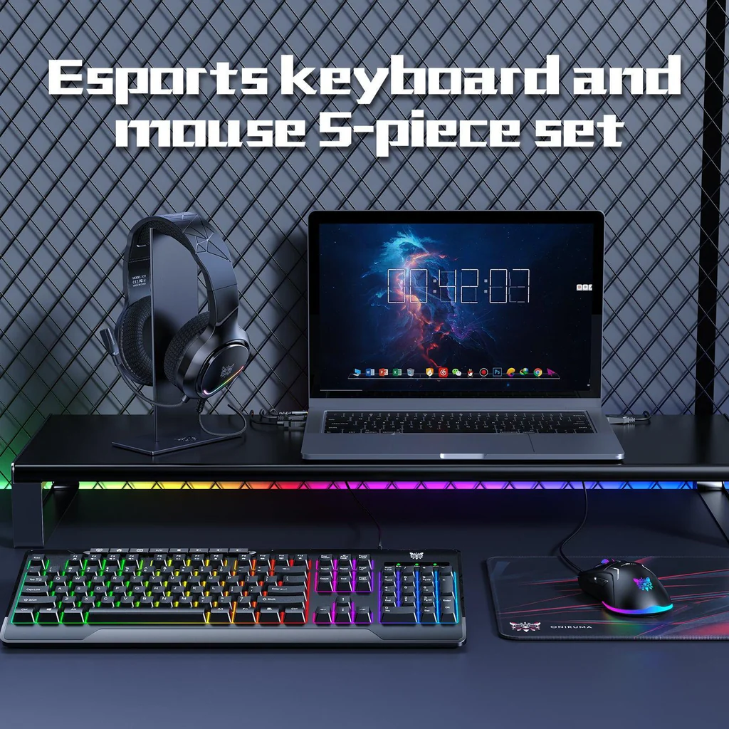 ONIKUMA TZ5008 Gaming Kit – RGB Backlit Keyboard, Lightweight Mouse, Pro Headset & Stand